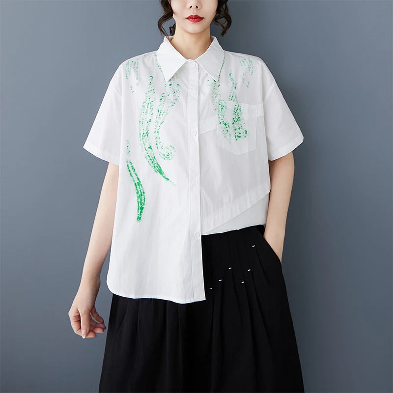 XITAO Contrast Color Print Patchwork Women Shirt Turn-down Collar Short Sleeve Vintage Loose All Match Casual Top HQQ2452
