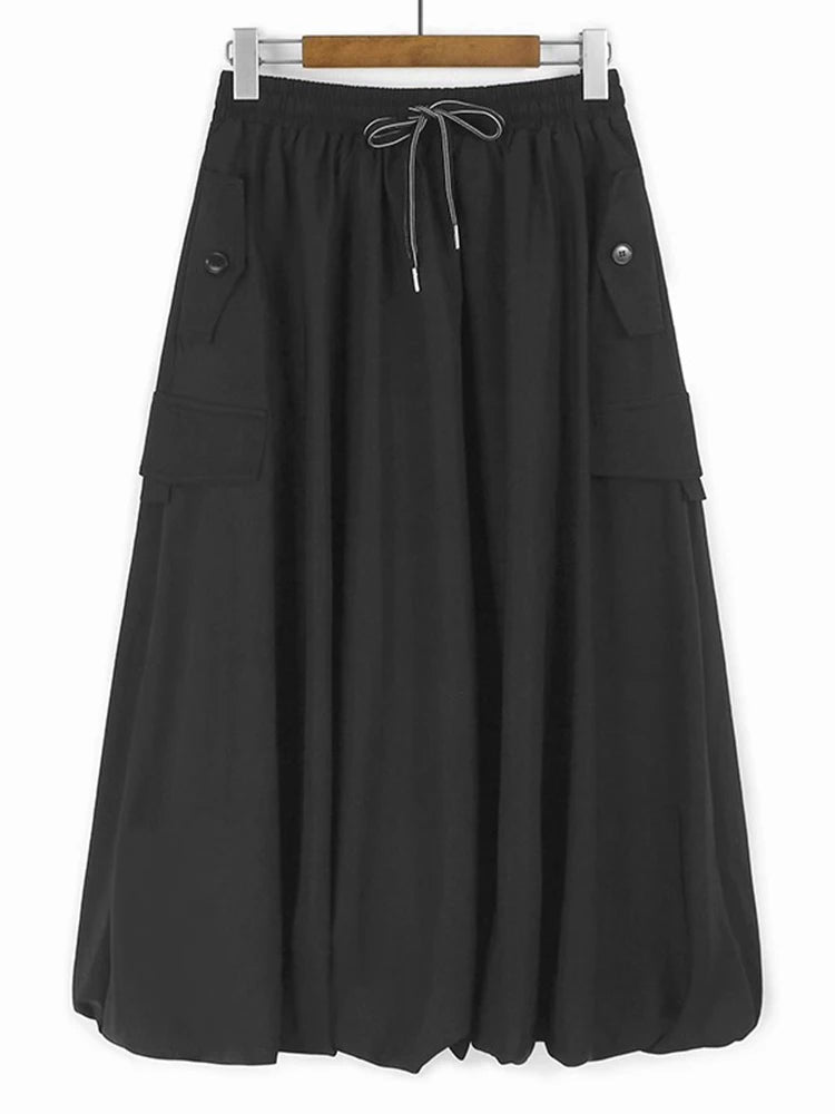 XITAO Pocket Pleated Drawstring Skirts Solid Color Button A-line Loose Casual Personality Slimming Summer Woman Skirts ZMY1301