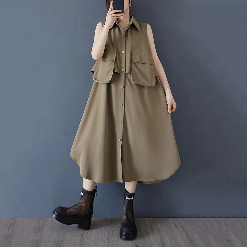 XITAO Single Breasted Turn-down Collar Pocket Dress Casual Loose Fitting Personality Fashion Korea Summer Female Dress ZMY1193