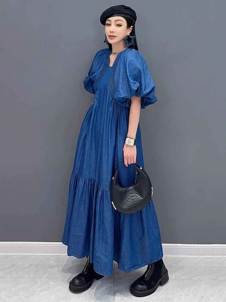 XITAO Pleated Patchwork Loose Denim Dress Puff Sleeve Solid Color Casual Vintage Personality Elegant Summer Woman Dress ZMY1278