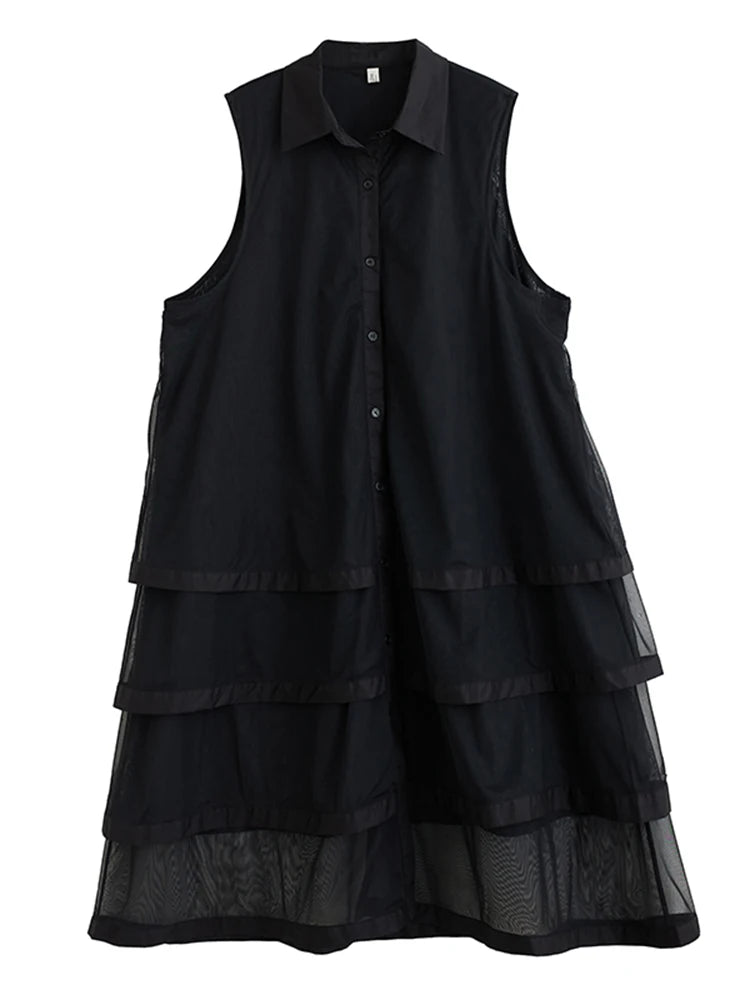 XITAO Patchwork Mesh Turn-down Collar Dress Casual A-line Sleeveless Fashion All Match Single Breasted Women Dress GYX1659