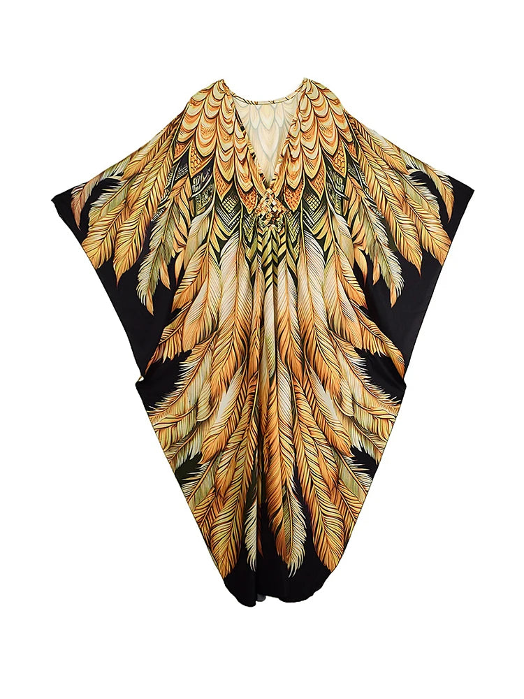 XITAO V-neck Side Slit A-line Dress Bat Wing Sleeve Loose Print Slimming All-match Pullover Elegant Summer Woman Dress GJ1199