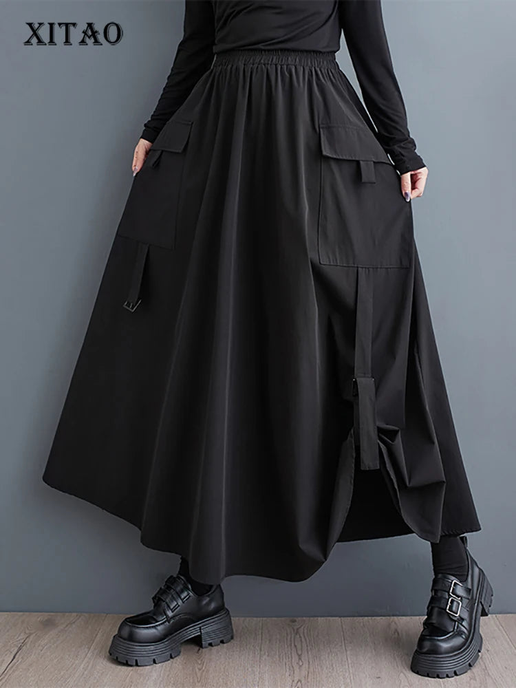 XITAO Pocket Patchwork Asymmetrical Skirts Solid Color Elastic Waist A-line Loose Mid-calf All Match Skirts 2024 Autumn DMJ5020