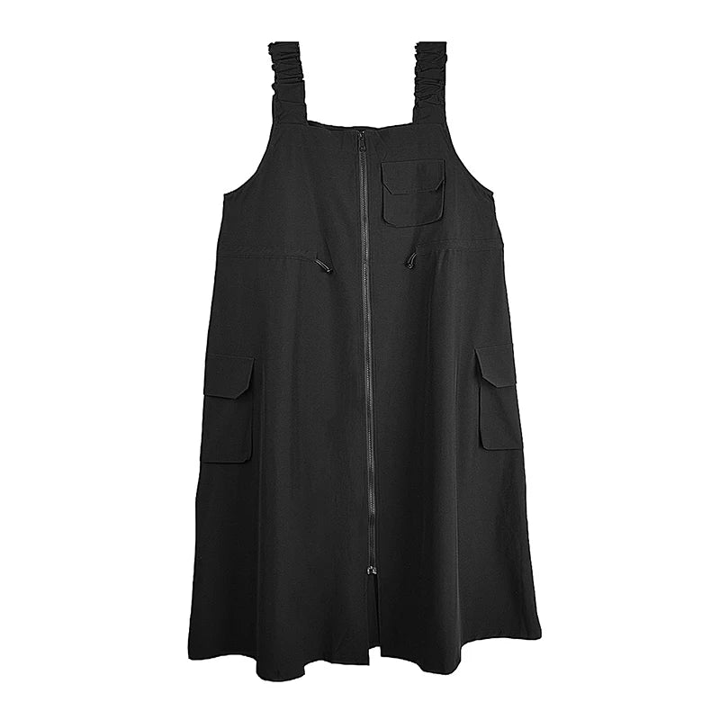 XITAO Zipper Pocket Patchwork Shirring Dress Solid Color Sleeveless Loose Casual Slim Summer Personality A-line Dress ZMY1217