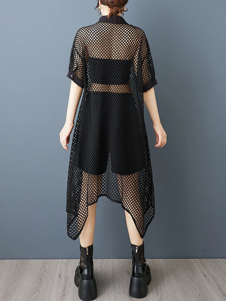 XITAO Irregular Hollow Out Dress Mesh Turn-down Collar Single Breasted Loose Casual Solid Color Summer Woman Dress ZMY1254