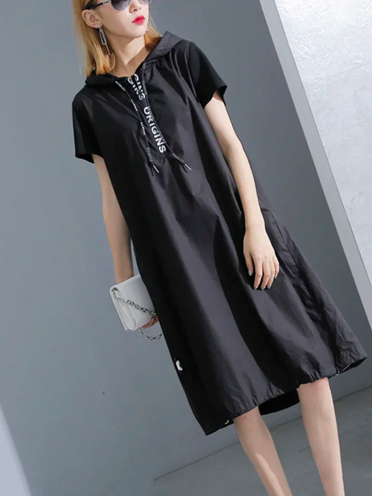 XITAO Hoodie Black Midi Dress 2019 Women Short Sleeve Elegant Womens Clothing Pullover A Line Party Dress New KY428