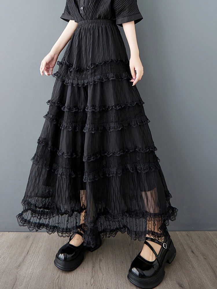 XITAO Lace Patchwork Gauze Elastic Waist Skirt Solid Color Casual Temperament All Match A-line Summer Slimming Skirt ZMY1216