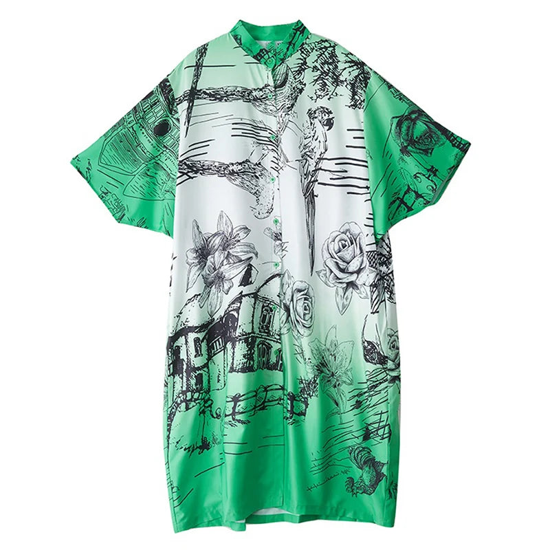 XITAO Contrast Color Print Pocket Patchwork Dress Turn-down Collar Single Breasted Short Sleeve Loose Casual Shirt Dress ZMY1169