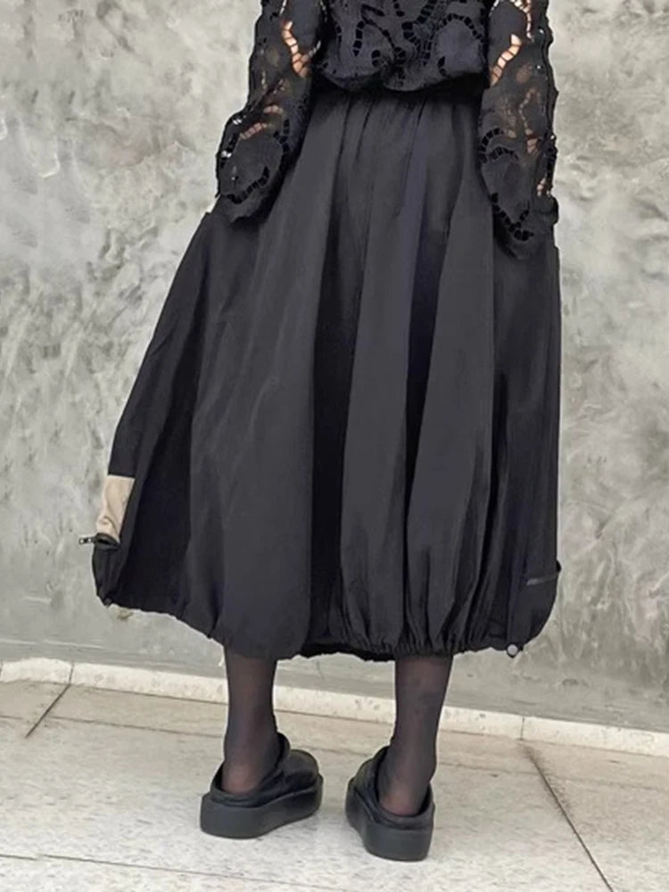 XITAO Contrast Color Patchwork Zipper Skirt Elastic Waist Shirring Loose A-line All Match Slimming Personality Skirt ZMY1180