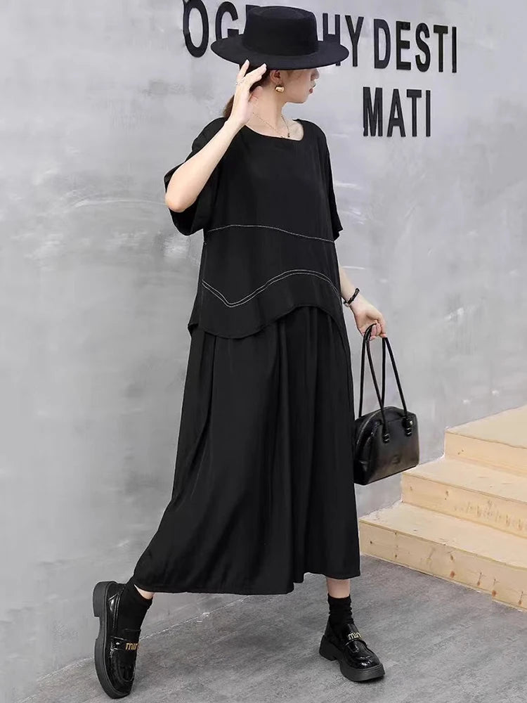 XITAO A-line O-neck Vintage Dress Solid Color Patchwork Short Sleeve All-match Pullover Personality Summer Woman Dress ZMY1380