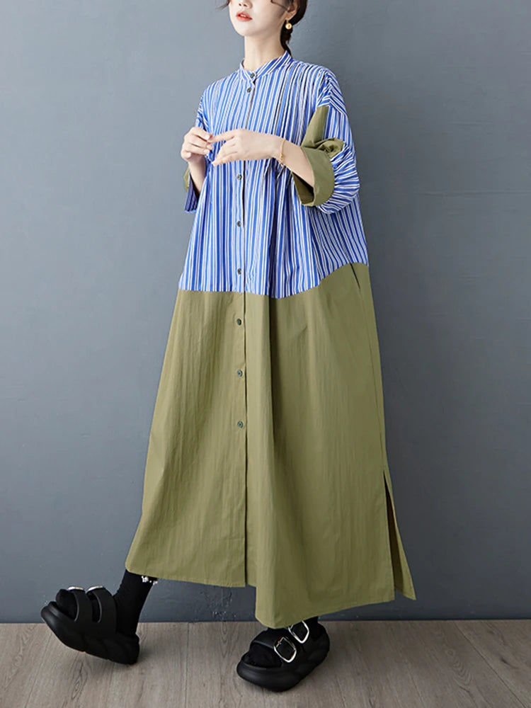 XITAO Contrast Color Striped Casual Dress Patchwork Single Breasted Stand Collar Vintage Side Slit Summer Woman Dress ZMY1365