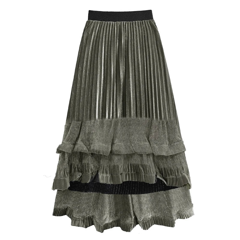 XITAO Asymmetrical Fold Patchwork Skirts Elastic Waist Solid Color A-line Loose Vintage Slimming Temperament Skirt GYX1517