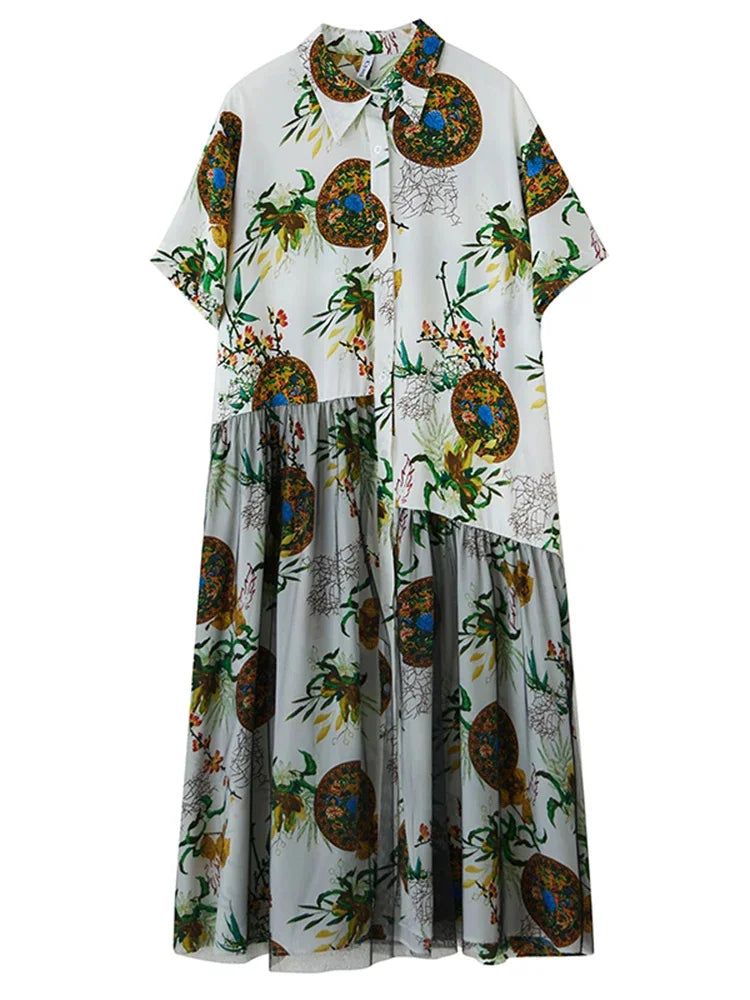 XITAO Gauze Patchwork Print Contrast Color Dress Turn-down Collar Single Breasted Short Sleeve Loose Casual Match Dress ZMY1334