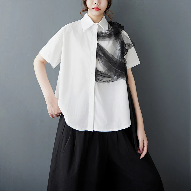 XITAO Patchwork Mesh Turn-down Collar Shirt Casual Solid Color Loose Fitting Vintage Slimming Summer Women Blouse GYX1536