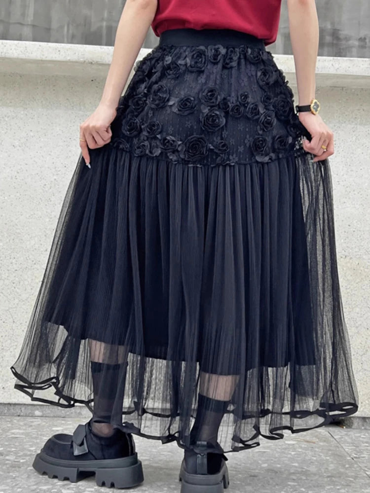 XITAO Flower Patchwork Lace Elastic Waist Skirt Casual A-line Fashion All Match Personality New Summer Female Skirt ZMY1142