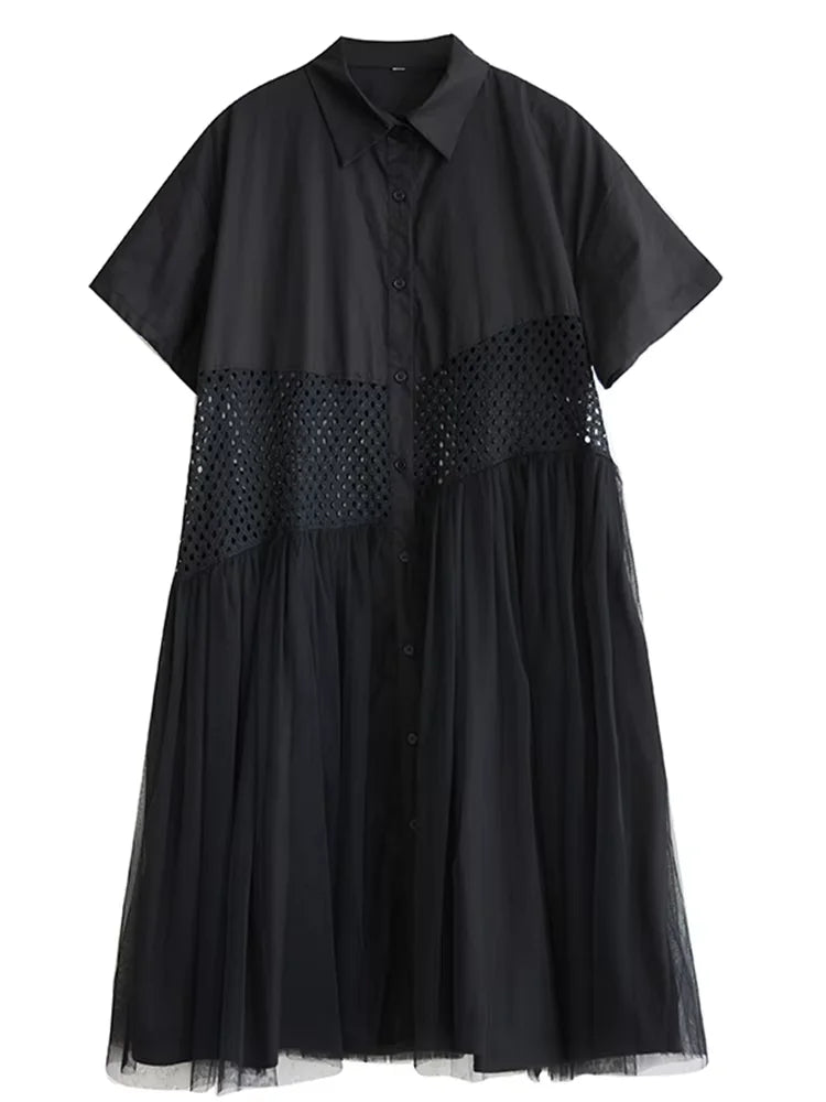 XITAO Contrast Color Hollow Out Patchwork Gauze Dress Turn-down Collar Short Sleeve Single Breasted Loose Casual Dress GYX1617