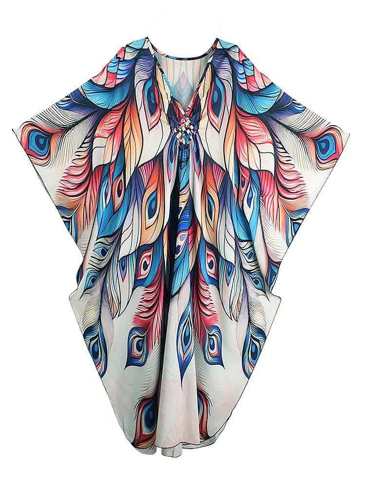 XITAO Bat Wing Sleeve Loose V-neck Dress Peacock Print Pullover Contrast Color Vintage Slimming Summer Woman Dress GJ1156