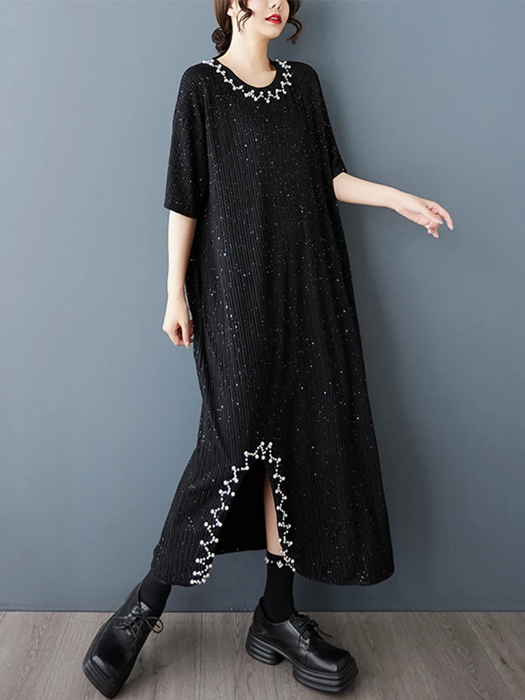 XITAO Vintage Asymmetric O-neck Dress Fashion Bead Patchwork Women Summer Solid Color Slimming Temperament Dress HQQ2481