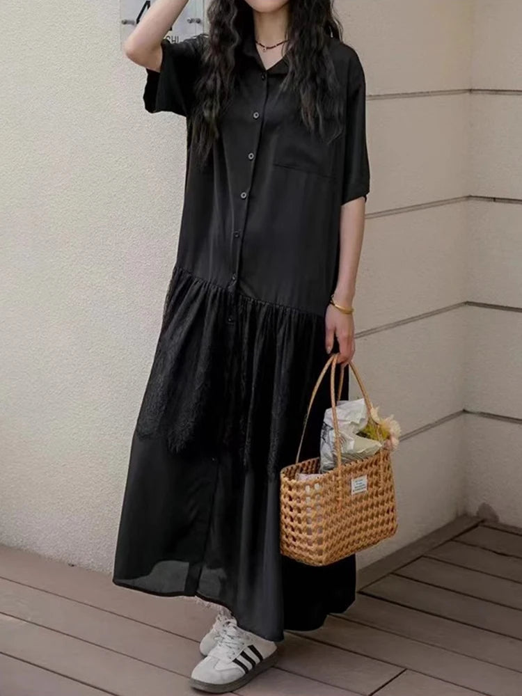 XITAO Patchwork Lace Pleated Women Dress Casual Loose Fitting A-line Simple Fashion Single Breasted Summer Women Dress ZMY1251