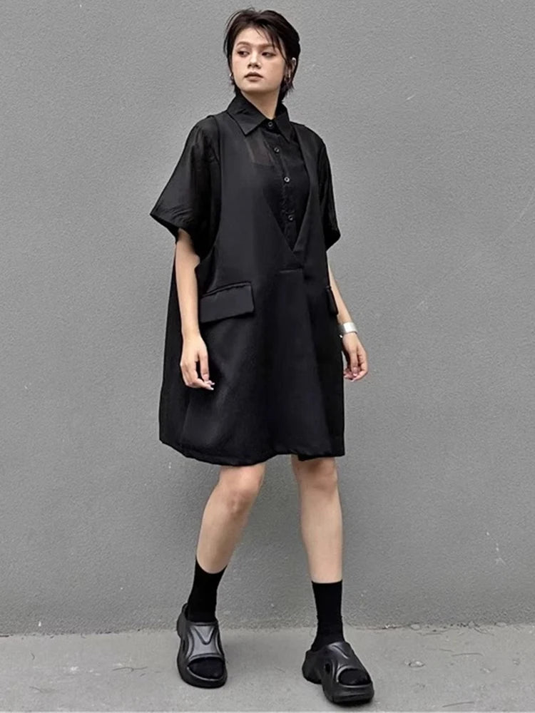 XITAO Pocket Patchwork Dress Solid Color Fake Two Pieces Single Breasted Short Sleeve Temperament Summer Woman Dress ZMY1309
