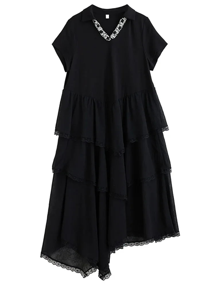 XITAO Irregular Patchwork Short Sleeve Dress V-neck Casual Loose Fitting A-line Elegant Comfortable Pullover Women Dress ZMY1340
