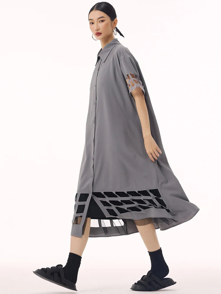 XITAO Hollow Out Patchwork Mesh Half Sleeve Dress Turn-down Collar Vintage Casual Solid Color Single Breasted Dress GMM1351