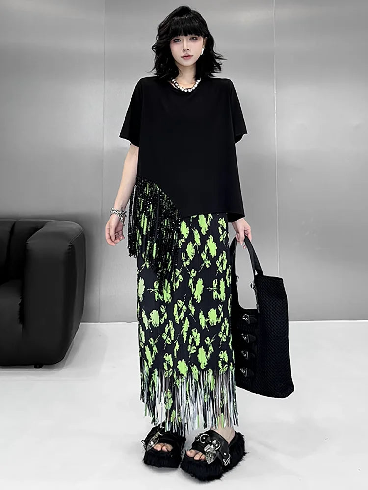 XITAO Tassel Patchwork Asymmetrical T-Shirts Solid Color O-neck Short Sleeve Pullover Fashion All Match Temperament Top ZMY1177