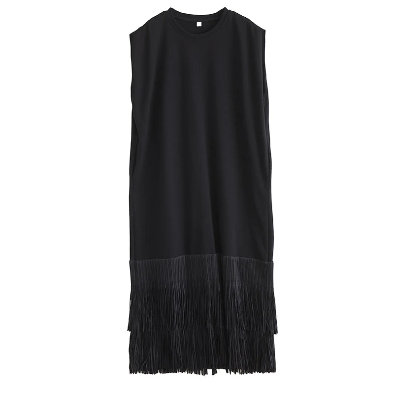 XITAO Patchwork Tassels O-neck Dress Casual Solid Color A-line Sleeveless Personality Pullover New Summer Women Dress ZMY1197