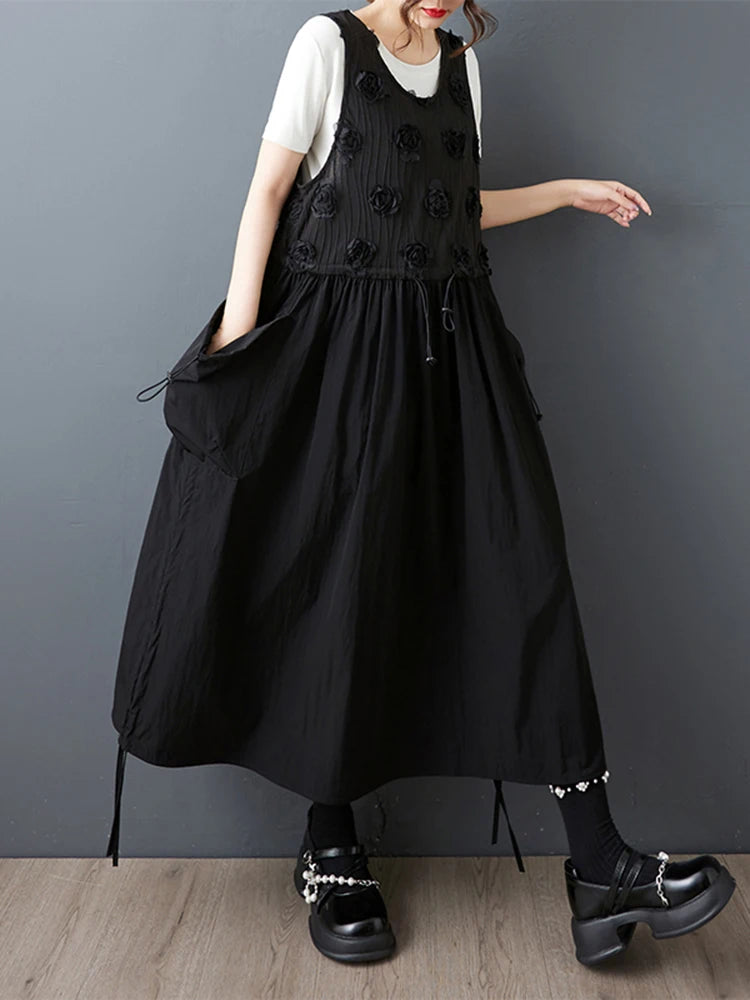 XITAO Pocket Draw String Sleeveless Fenake Dress Three-dimensional Flower Loose O-neck Solid Color Summer Woman Dress ZMY1275