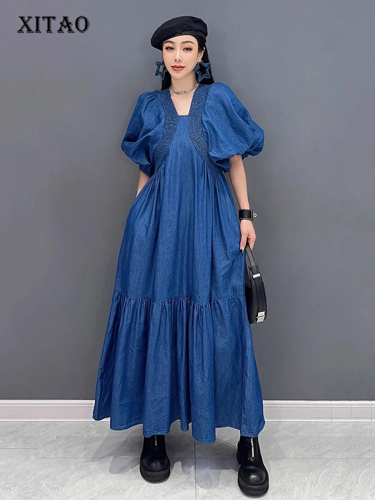 XITAO Pleated Patchwork Loose Denim Dress Puff Sleeve Solid Color Casual Vintage Personality Elegant Summer Woman Dress ZMY1278