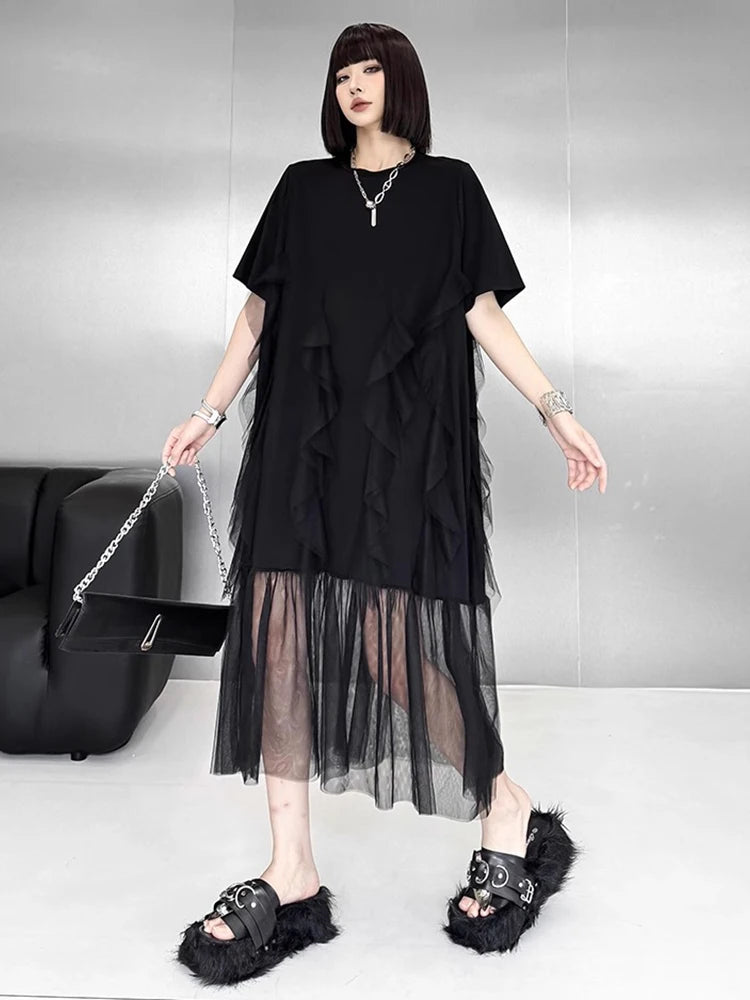 XITAO Irregular Solid Color Loose Dress Patchwork Gauze O-neck Short Sleeve Casual Slimming Simple Summer Woman Dress ZMY1373