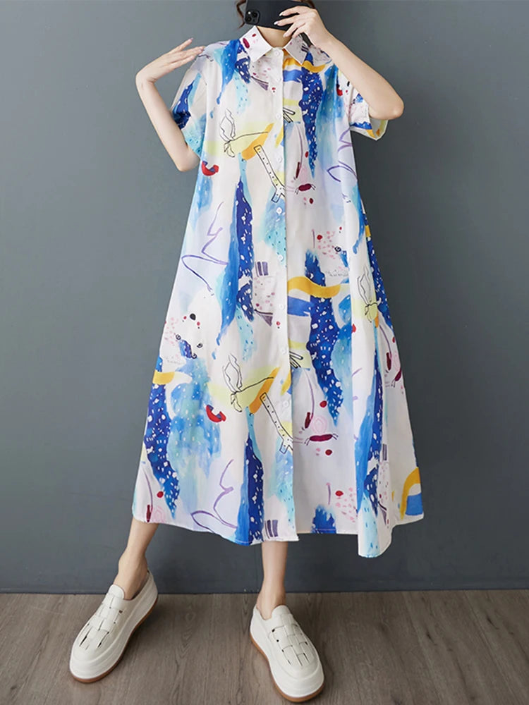 XITAO Print Single Breasted Turn-down Collar Dress Casual Loose Fitting A-line Short Sleeve Slimming Summer Women Dress ZMY1135