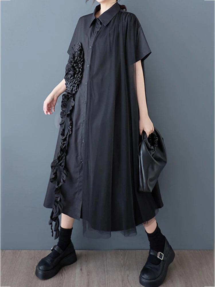 XITAO Patchwork Mesh Flower Dress Casual Solid Color Loose Fitting Korea A-line Short Sleeve Single Breasted Women Dress GYX1626