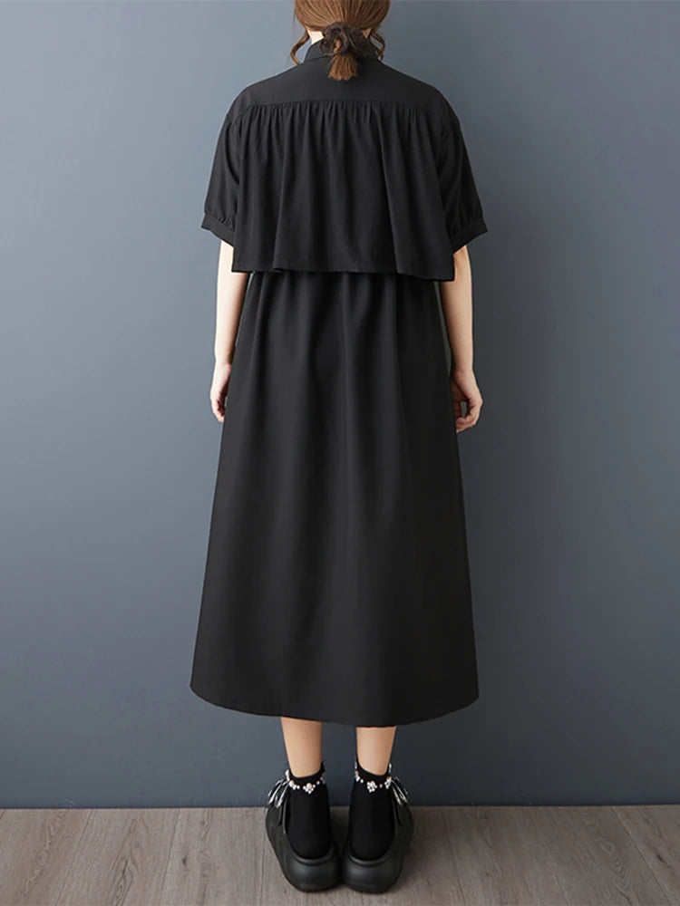 XITAO Drawstring Solid Color Dress Turn-down Collar Short Sleeve Slimming Patchwork Pocket Casual Summer Woman Dress ZMY1402