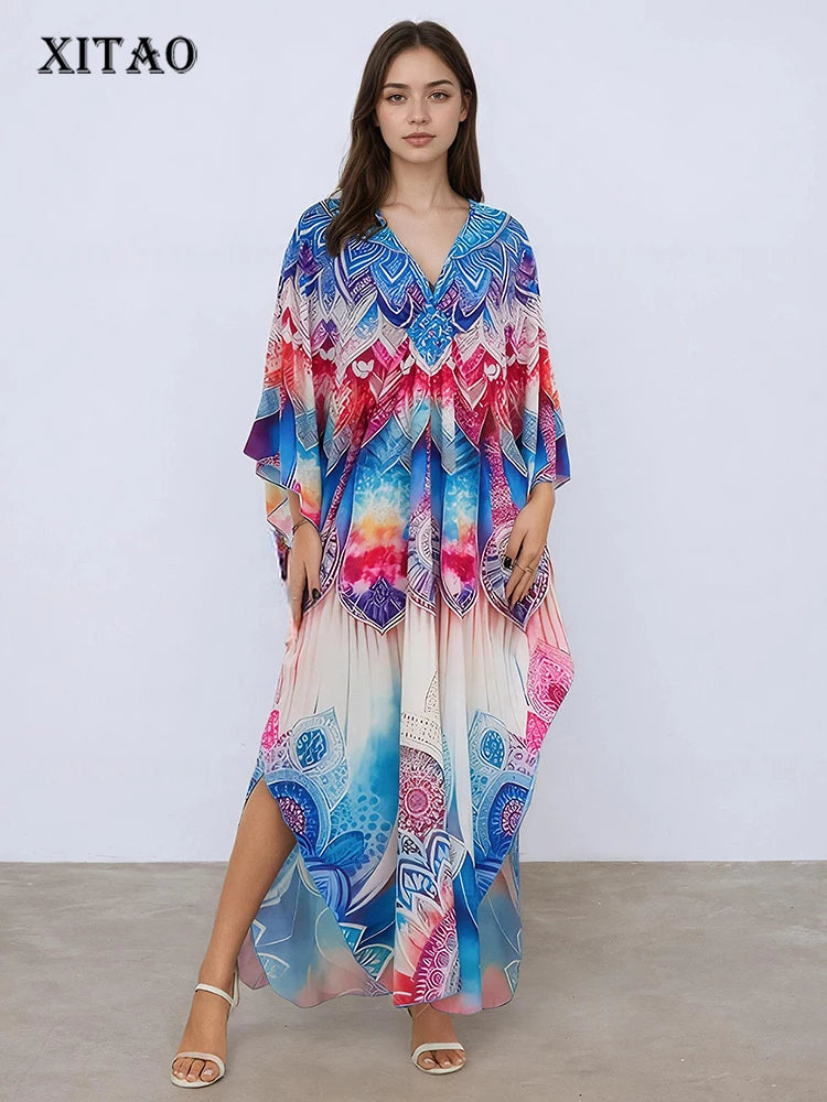 XITAO Bat Wing Sleeve Side Slit Dress Loose Print Casual V-neck Wrist Sleeve Vintage Fashion Slimming Summer Woman Dress GJ1157