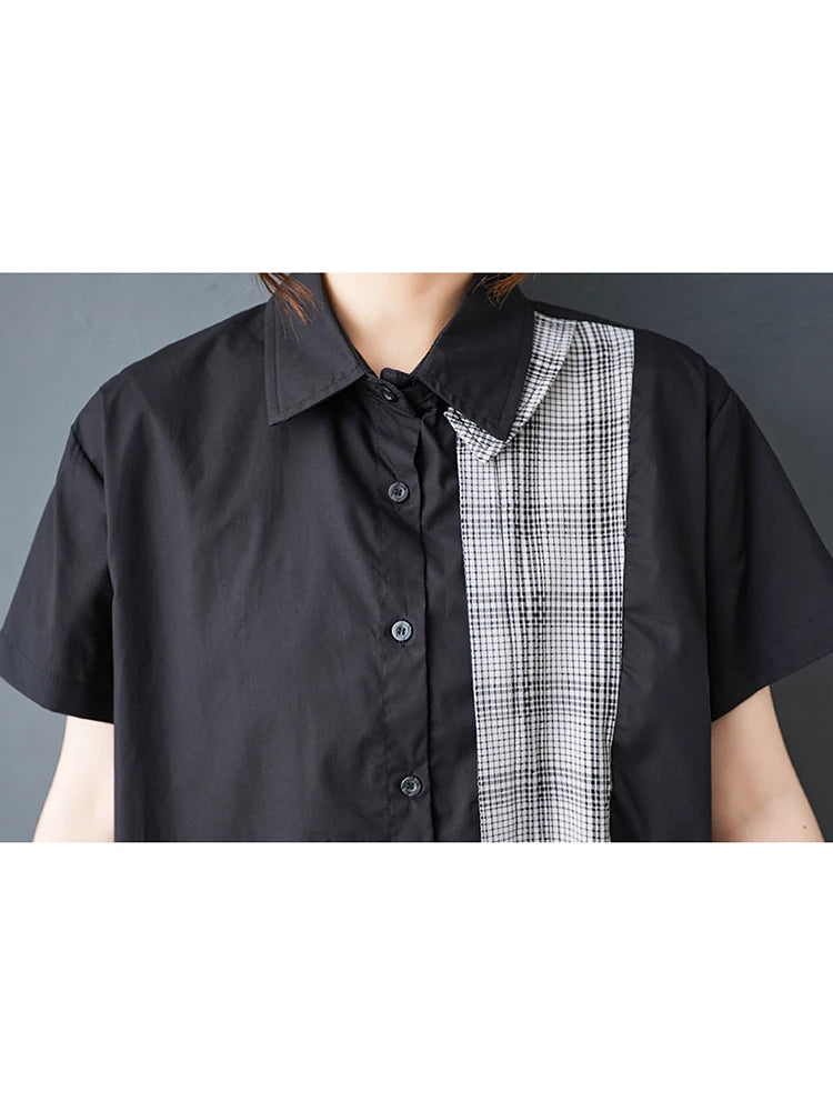 XITAO Asymmetrical Gauze Patchwork Dress Fashion Short Sleeve Turn-down Collar Loose Casual All-match Summer Woman Dress ZMY1388