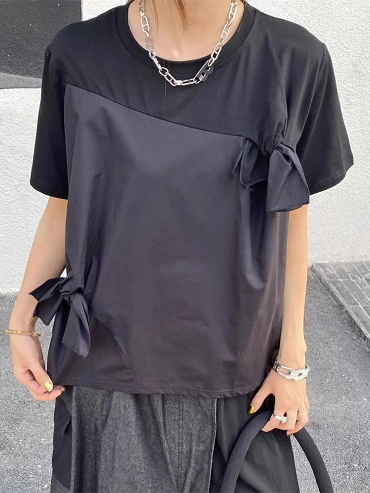 XITAO Patchwork O-neck Flower T-shirt Casual Short Sleeve Loose Fitting Bow Simple New Asymmetric Summer Women T-shirt GYX1610