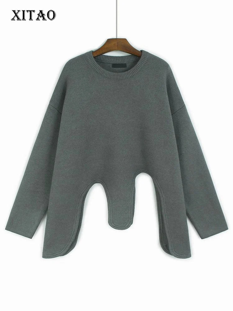 XITAO Asymmetric O-neck Pullover Female Sweaters Trend Irregular Hem Women Long Sleeve All-match Loose Slimming Top GMM1314