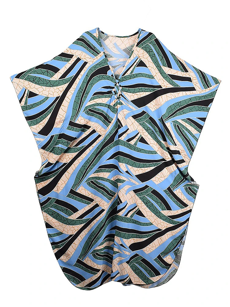 XITAO Beach Asymmetrical Print V-neck Dress Contrast Color Pullover Loose A-line Slimming Summer Woman Ankle-length Dress GJ1173