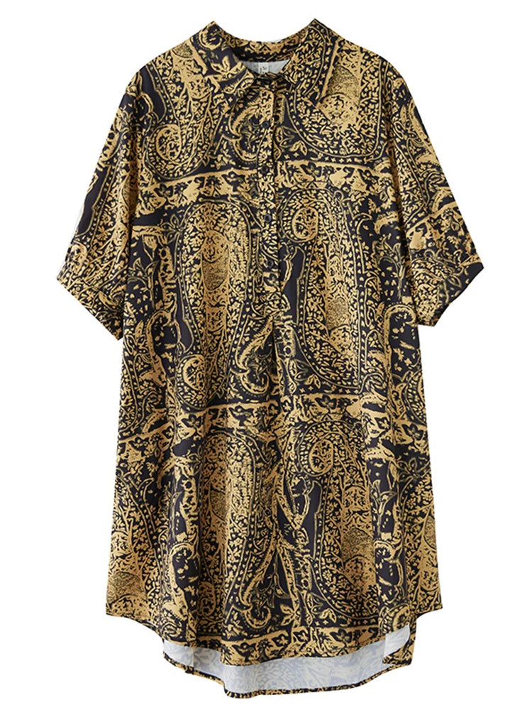 XITAO Print Turn-down Collar Single Breasted Dress Loose Fitting A-line Korea Casual Slimming Summer Women Dress ZMY1149