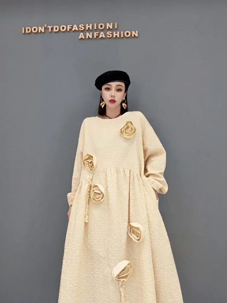 XITAO Autumn New Korea Dress 2024 Fashion Loose Long Solid Color Three-dimensional Flower Decoration Casual Women WMD3784