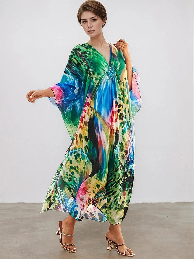 XITAO Female Contrast Color Female Dress Leopard Print V-neck Bat Wing Sleeve Vintage Personality Summer Woman Dress GJ1181
