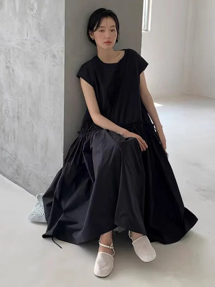 XITAO Solid Color Drawstring Dress O-neck Simple Temperament Pullover Slimming Loose Summer Woman A-line Casual Dress ZMY1331
