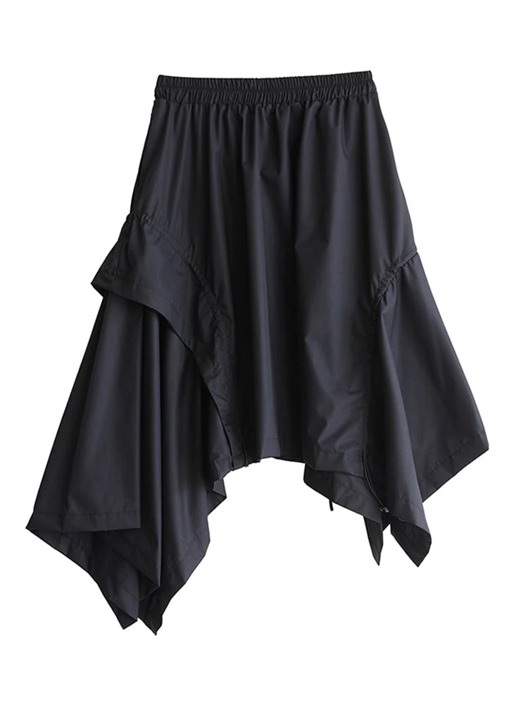 XITAO Irregular Pleated Drawstring Skirt Casual Elastic Waist Solid Color Personality A-line Korea Summer Women Skirt GYX1560