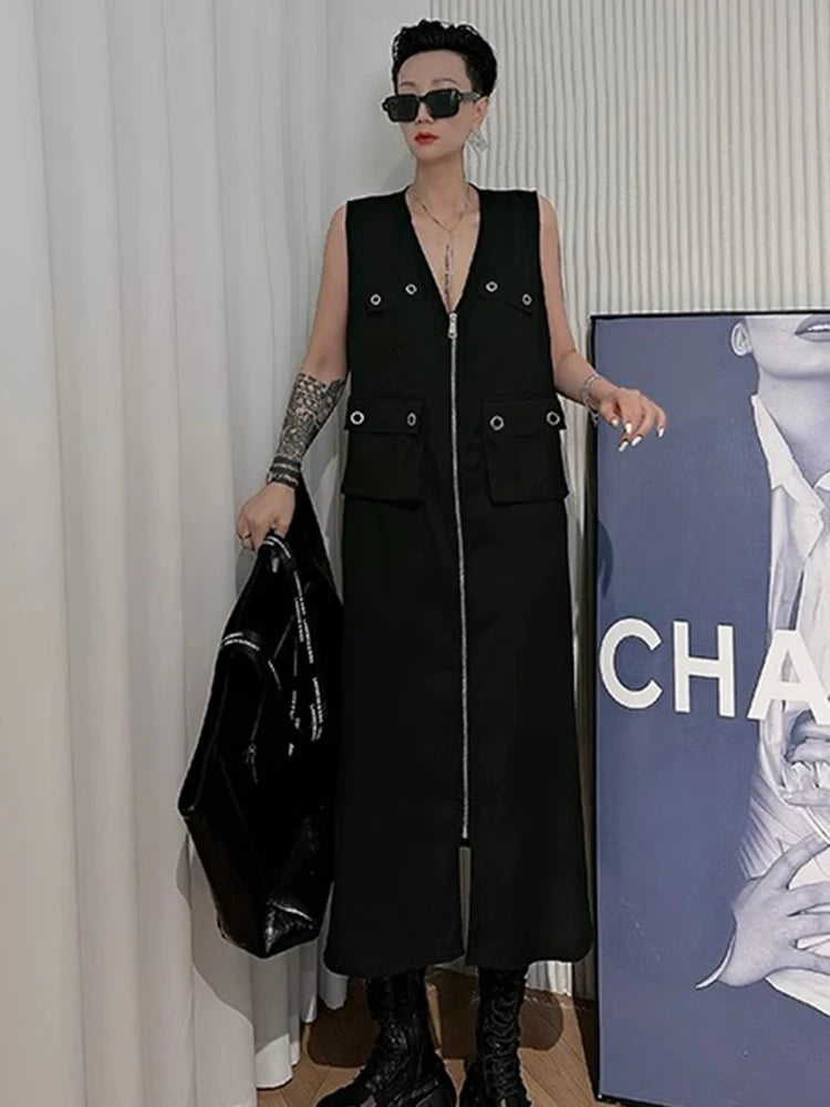 XITAO Pocket Zipper Sleeveless Dress Casual All Match Personality Fashion Black Series Summer Slimming Female Dress ZMY1327
