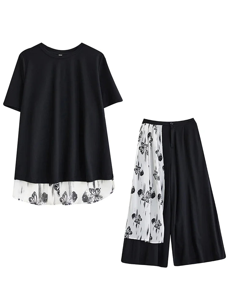 XITAO Butterfly Patchwork Female Sets Pullovers Personality Elegant Print O-neck Wide Leg New Arrival Woman Summer Sets ZMY1284