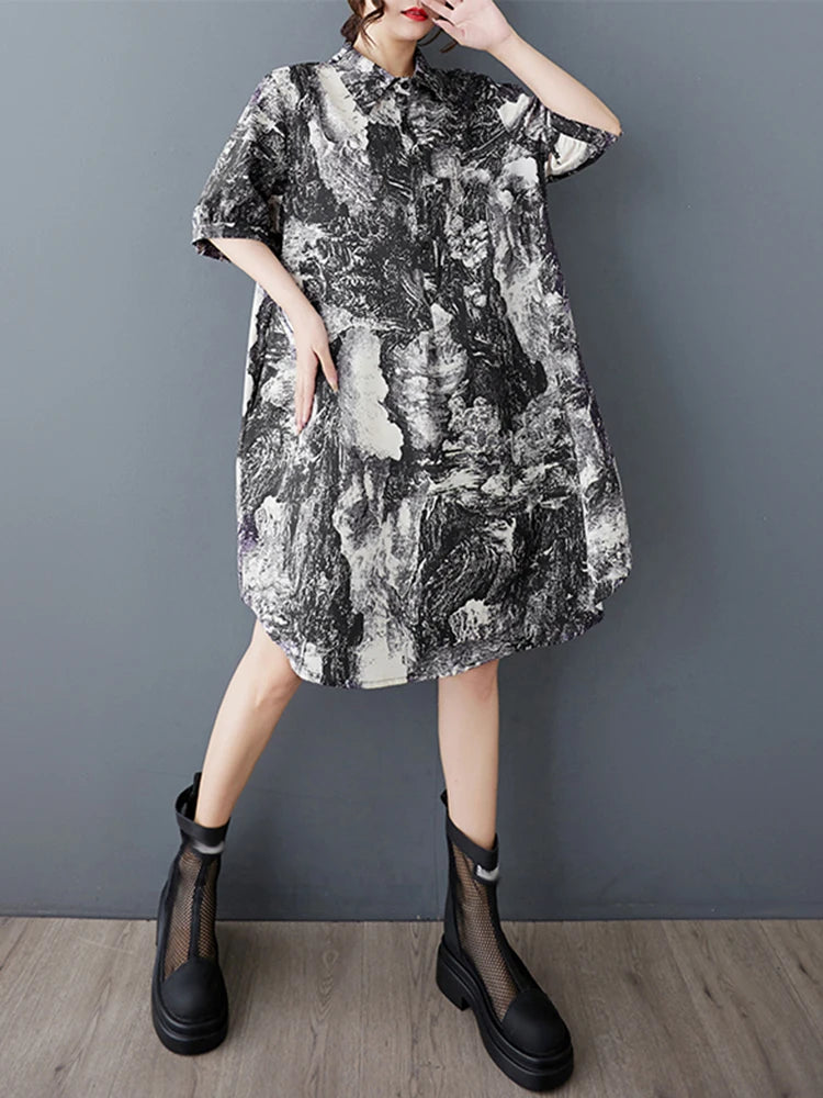 XITAO Loose Print Shirt Dress Vintage Simple Short Sleeve Slimming All-match Women Summer Korea Irregular Dress ZMY1150