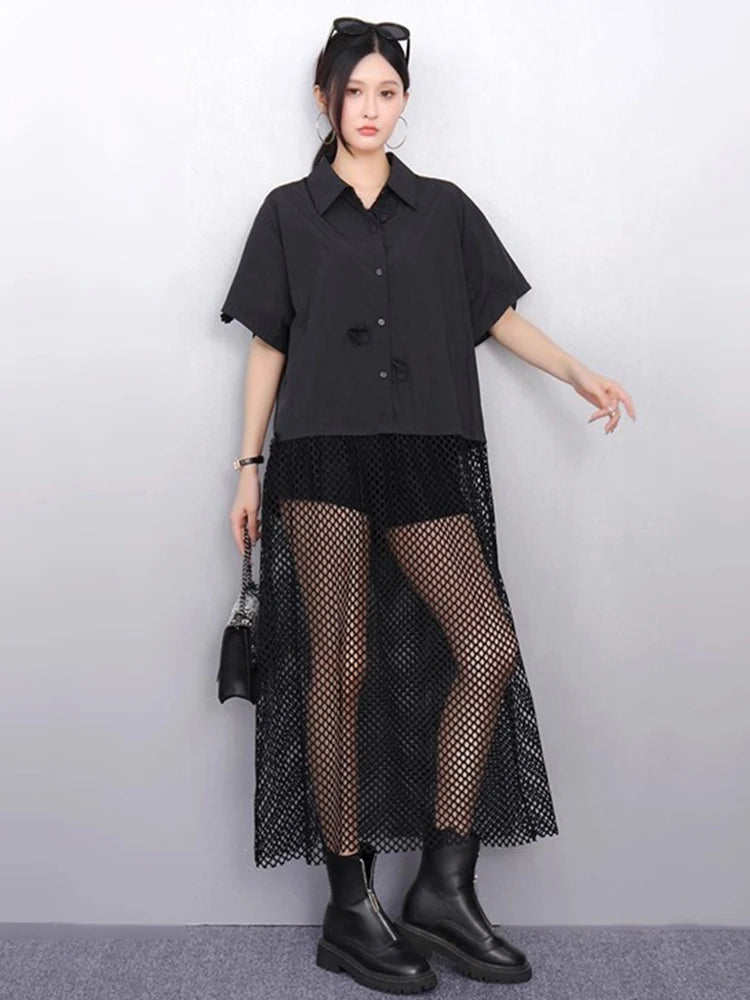 XITAO Flower Patchwork Irregular Shirt Dress Casual Solid Color Short Sleeve Women Summer Hollow Out Loose Dress HQQ2513