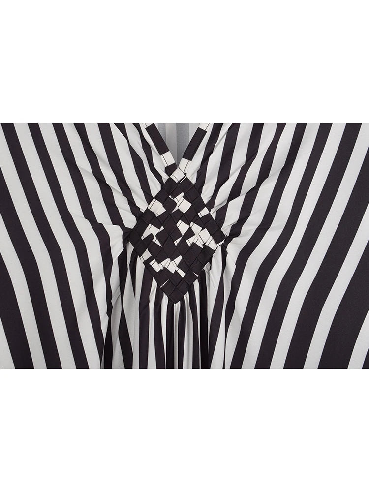 XITAO Stripe Print V-neck Dress Batwing Sleeve A-line Full Sleeve Personality Pullover Fashion Goddess Summer Women Dress GJ1151