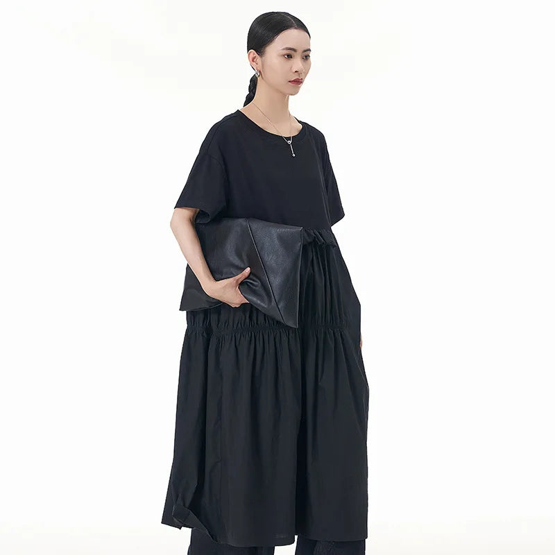 XITAO Casual Folds Dress High Opening Seam Patchwork Solid Color Loose Fashion Simplicity Women Summer New Dress HQQ2333
